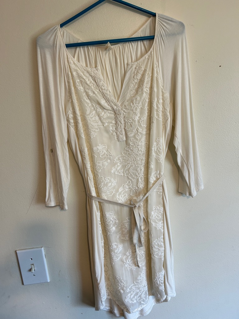 Tiny Anthropologie Cream Embroidered Long-Sleeve Tie-Waist Dress